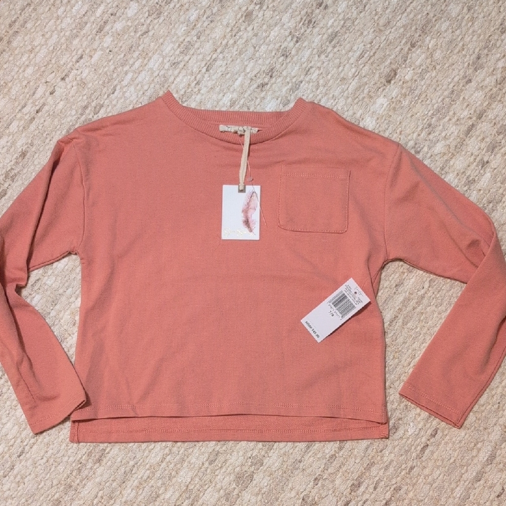 Kids Girls Long Sleeve Pocket Tee - Coral Pink Size 7/8
